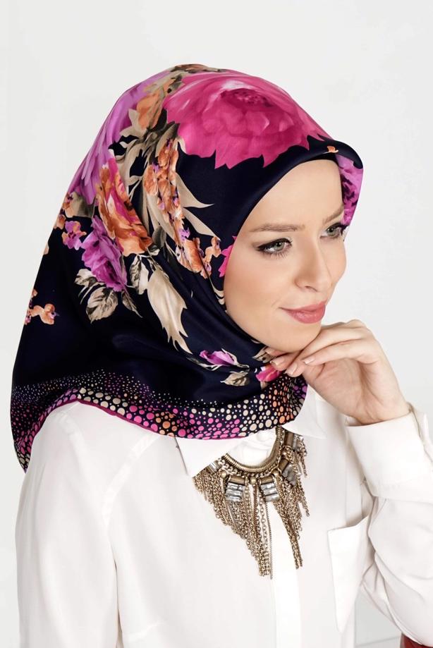 Vêtements hijab BLEU MARINE T 27603 Çicek Desenli Eşarp - TRENDTESETTÜR