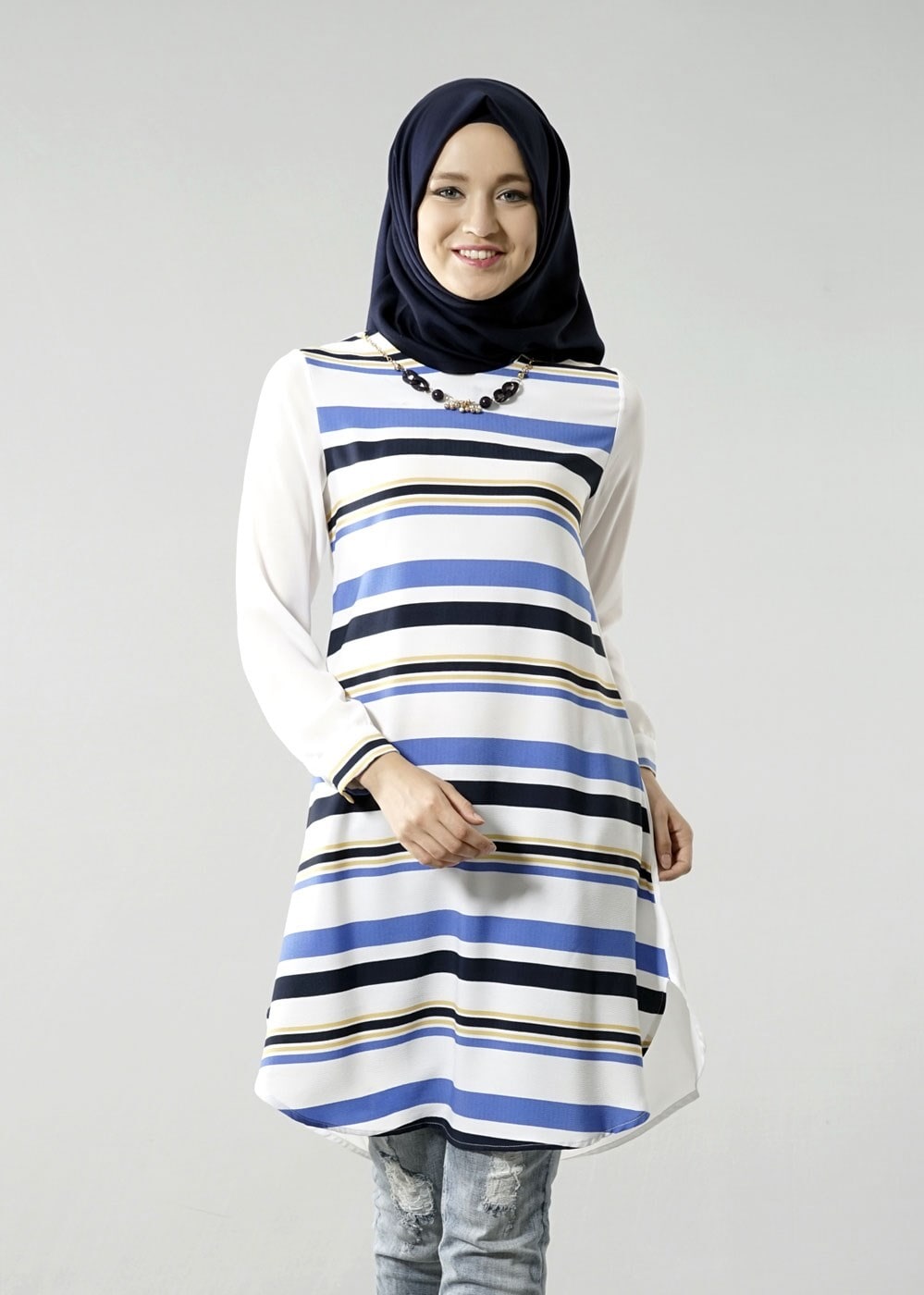 Vêtements hijab CRÈME T 6115 Porto Cizgili Krep Tunik