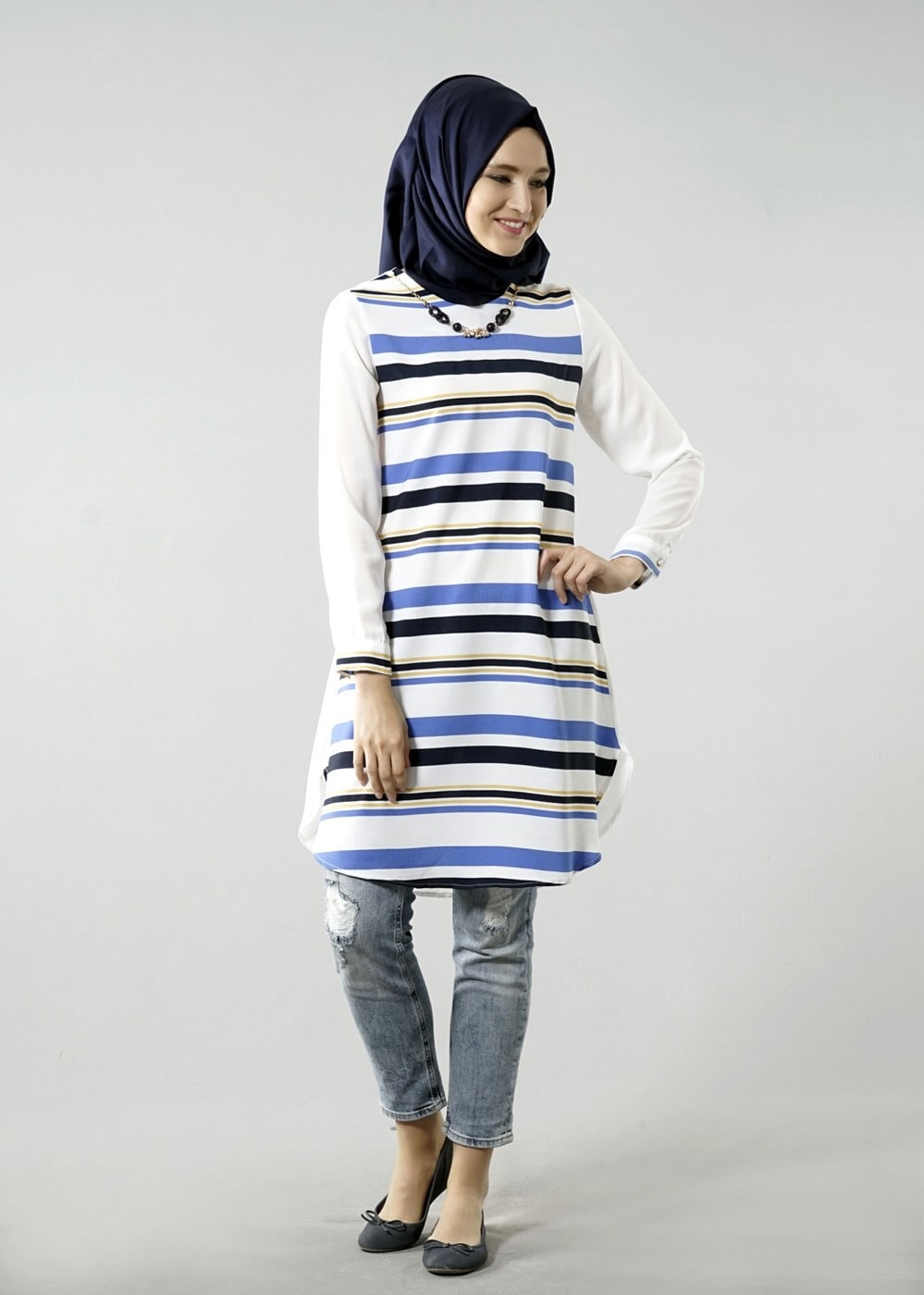 Vêtements hijab CRÈME T 6115 Porto Cizgili Krep Tunik