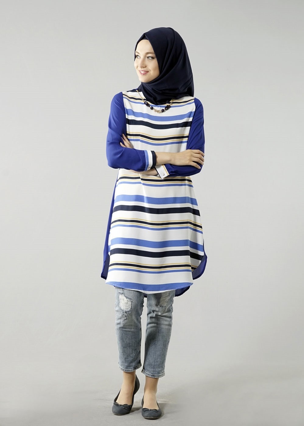 Hijab clothing NAVY BLUE T 6115 Porto Cizgili Krep Tunik