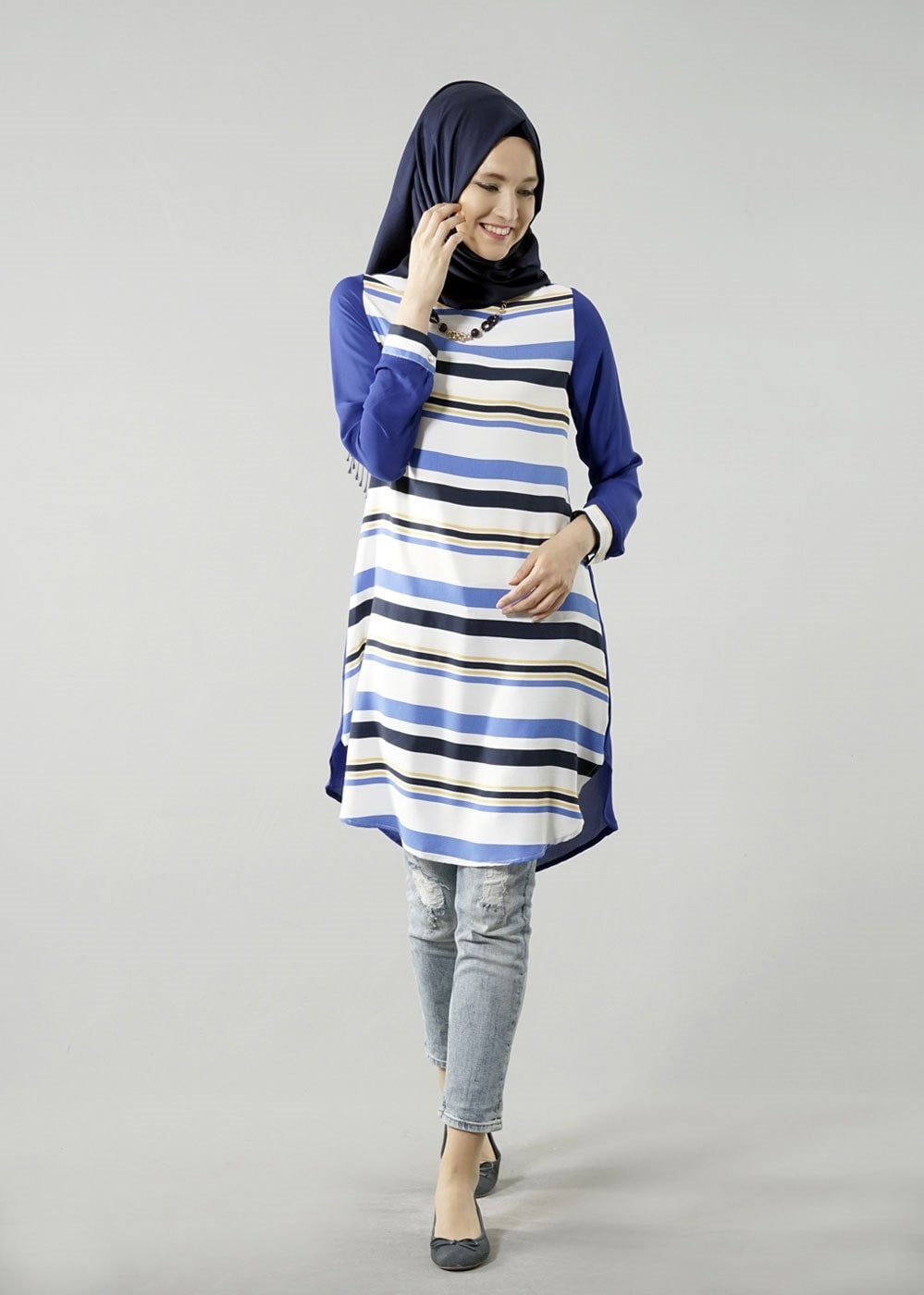 Hijab clothing NAVY BLUE T 6115 Porto Cizgili Krep Tunik