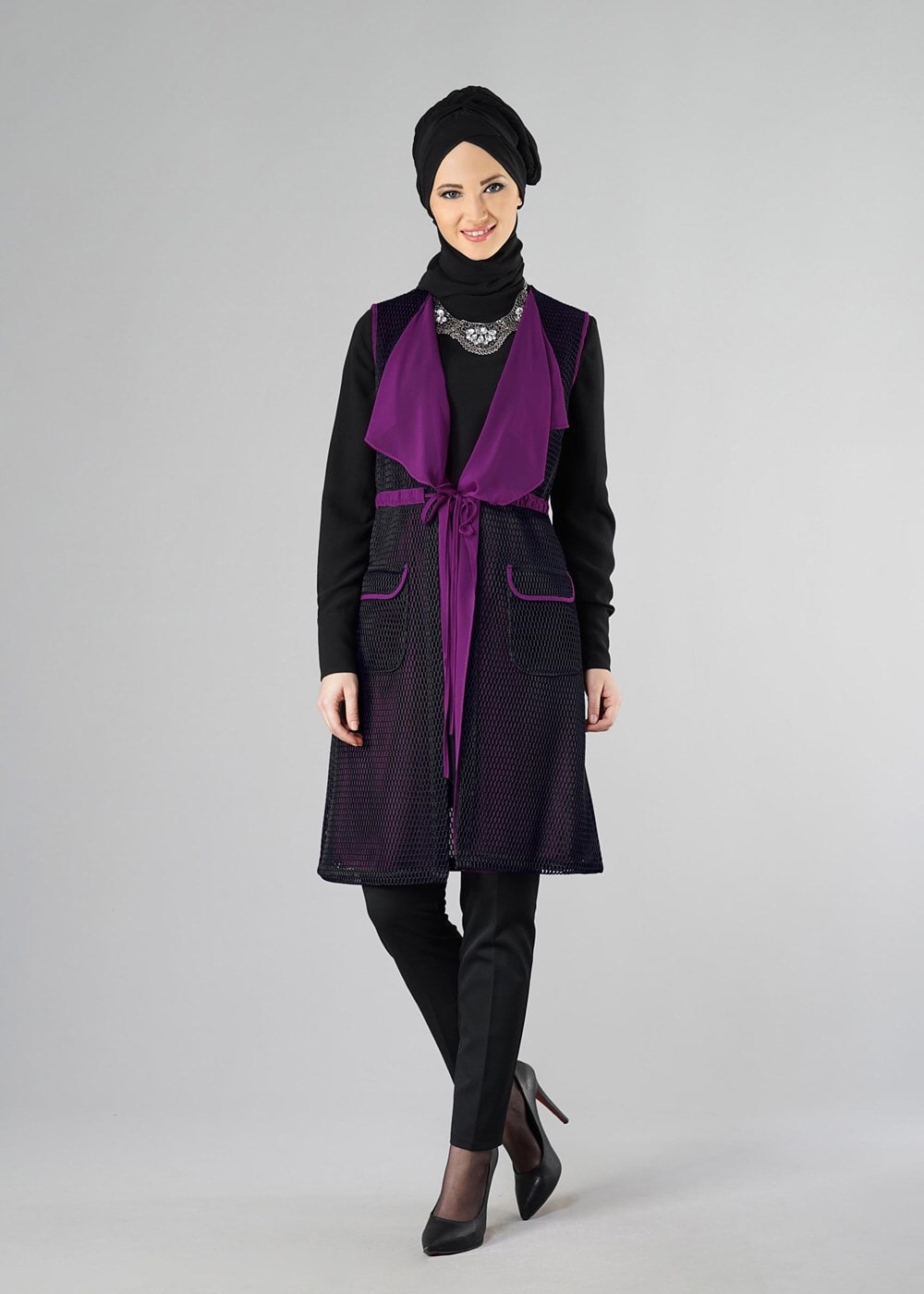 Tesettür giyim MOR ÖNDEN BAĞLAMALI YELEK 4107 