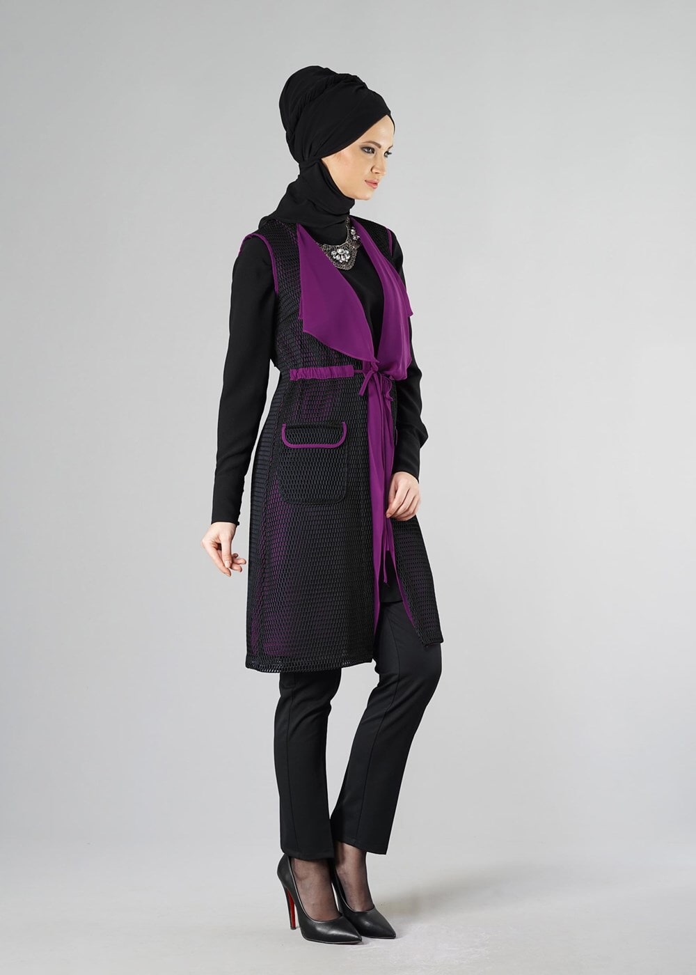 Tesettür giyim MOR ÖNDEN BAĞLAMALI YELEK 4107 