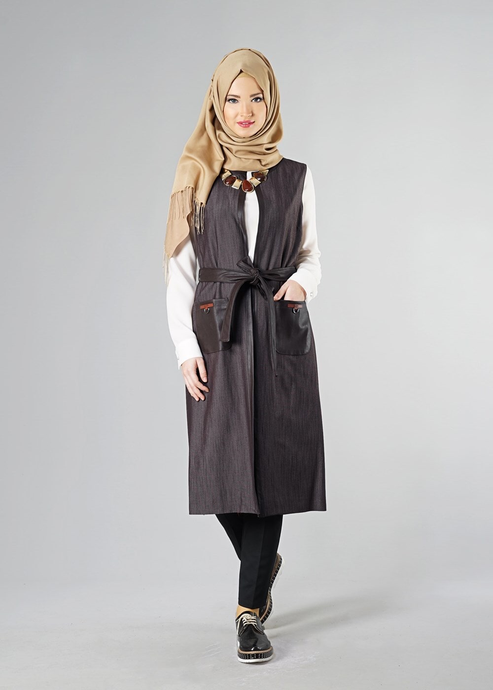 Tesettür giyim KAHVE DERİ DETAYLI YELEK 4193