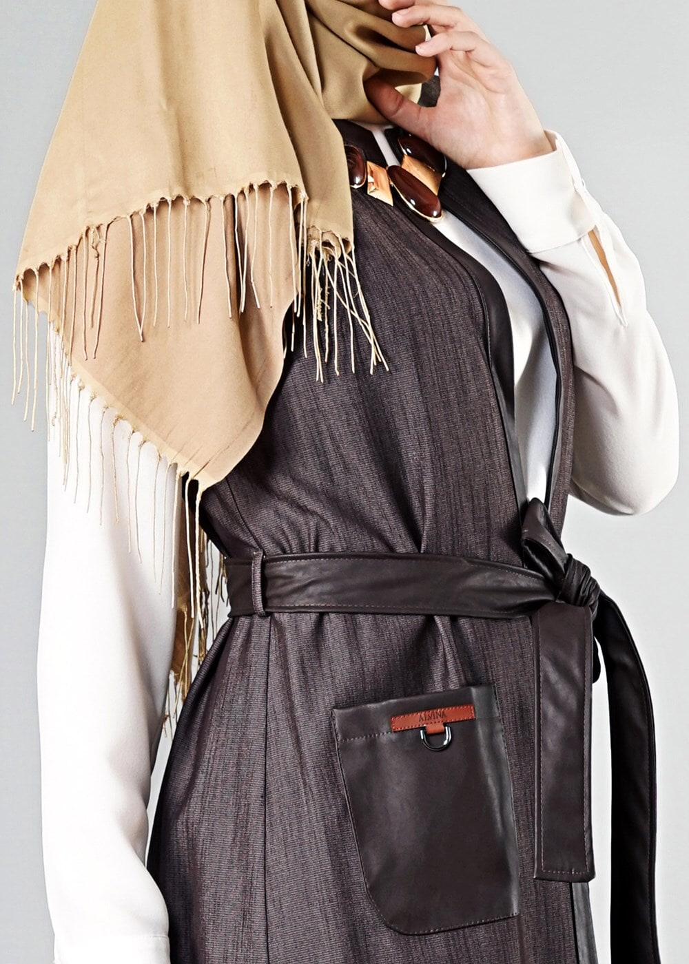 Tesettür giyim KAHVE DERİ DETAYLI YELEK 4193