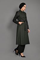 Tesettür giyim HAKİ KAZAYAĞI DESENLİ DERİ KOLLU TRENÇKOT 1134 