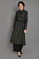 Tesettür giyim HAKİ KAZAYAĞI DESENLİ DERİ KOLLU TRENÇKOT 1134 