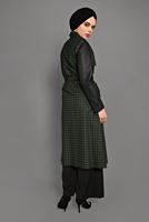 Tesettür giyim HAKİ KAZAYAĞI DESENLİ DERİ KOLLU TRENÇKOT 1134 