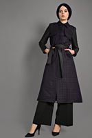 Tesettür giyim MÜRDÜM KAZAYAĞI DESENLİ DERİ KOLLU TRENÇKOT 1134 