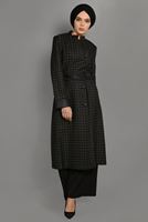 Tesettür giyim HAKİ KAZAYAĞI DESENLİ DERİ DETAYLI TRENÇKOT 1145 