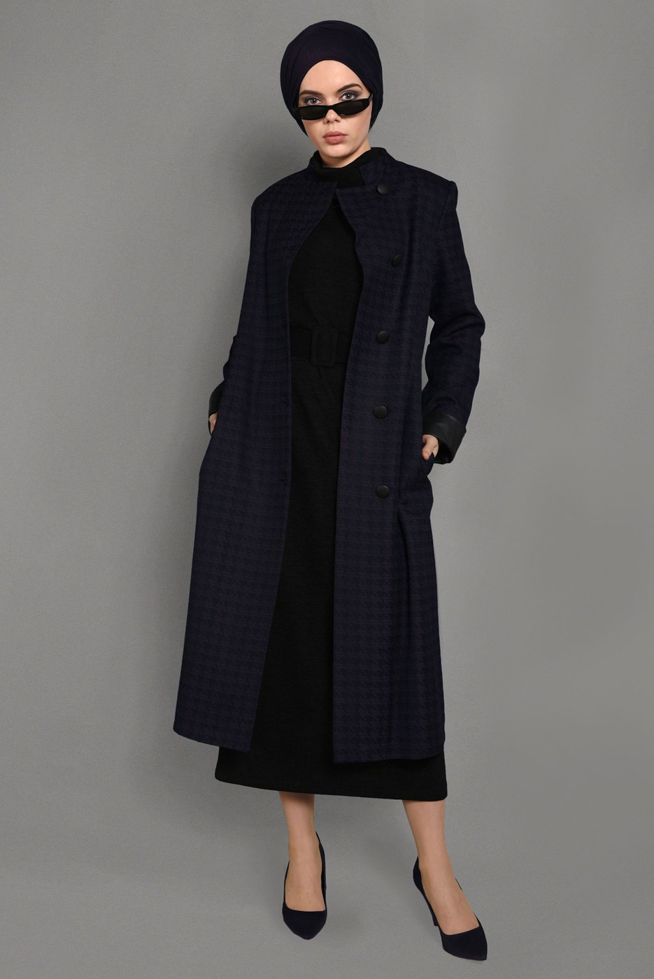 Tesettür giyim MÜRDÜM KAZAYAĞI DESENLİ DERİ DETAYLI TRENÇKOT 1145 