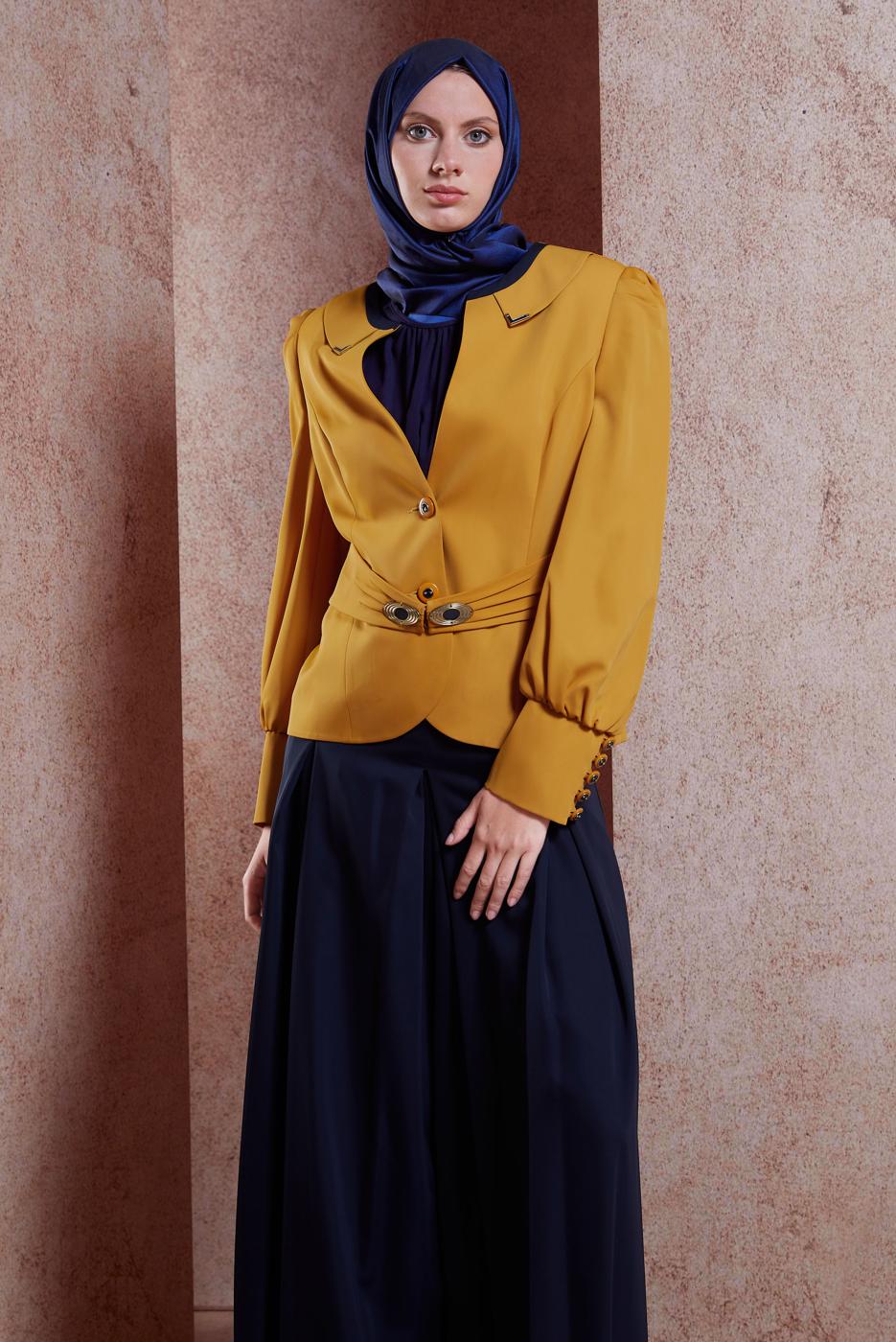 Tesettür giyim SARI ALVİNA CEKETLİ TULUMLU TAKIM T 3863