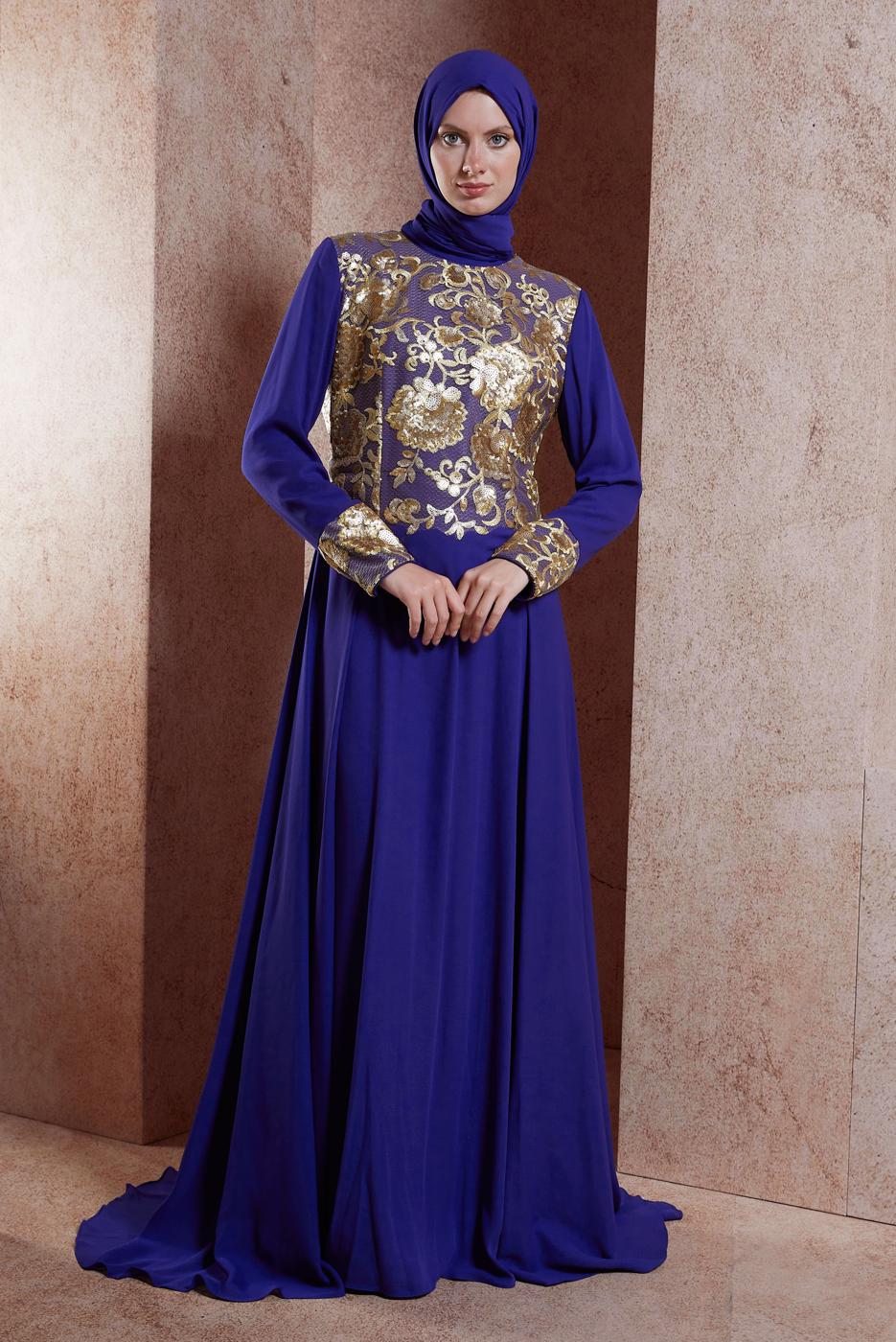 Tesettür giyim LACİVERT ALVİNA PUL PAYETLİ ABİYE ELBİSE T 5129