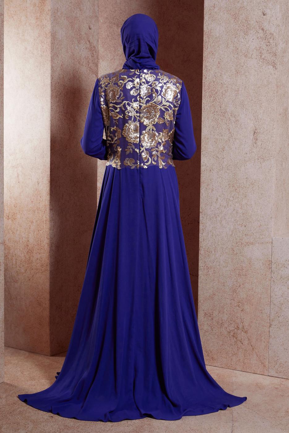 Tesettür giyim LACİVERT ALVİNA PUL PAYETLİ ABİYE ELBİSE T 5129