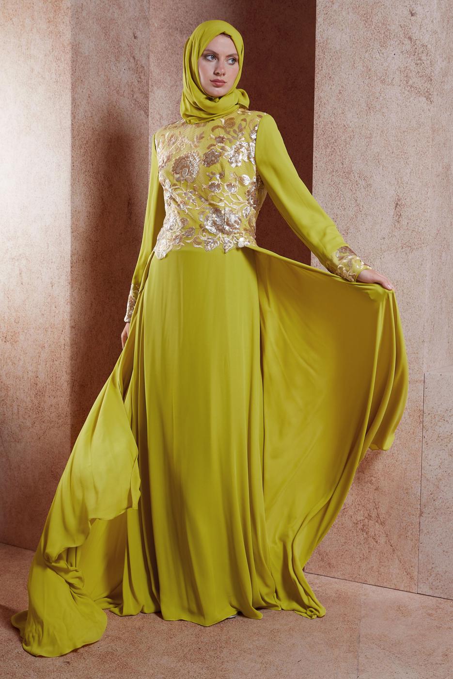Tesettür giyim YEŞİL ALVİNA PUL PAYETLİ ABİYE ELBİSE T 5129