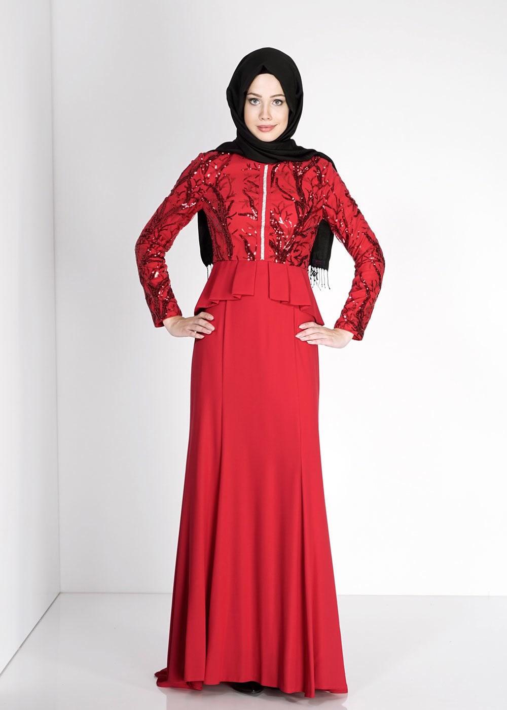 Tesettür giyim KIRMIZI ALVİNA PUL PAYETLİ ABİYE ELBİSE T 5137