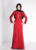 Tesettür giyim KIRMIZI ALVİNA PUL PAYETLİ ABİYE ELBİSE T 5137