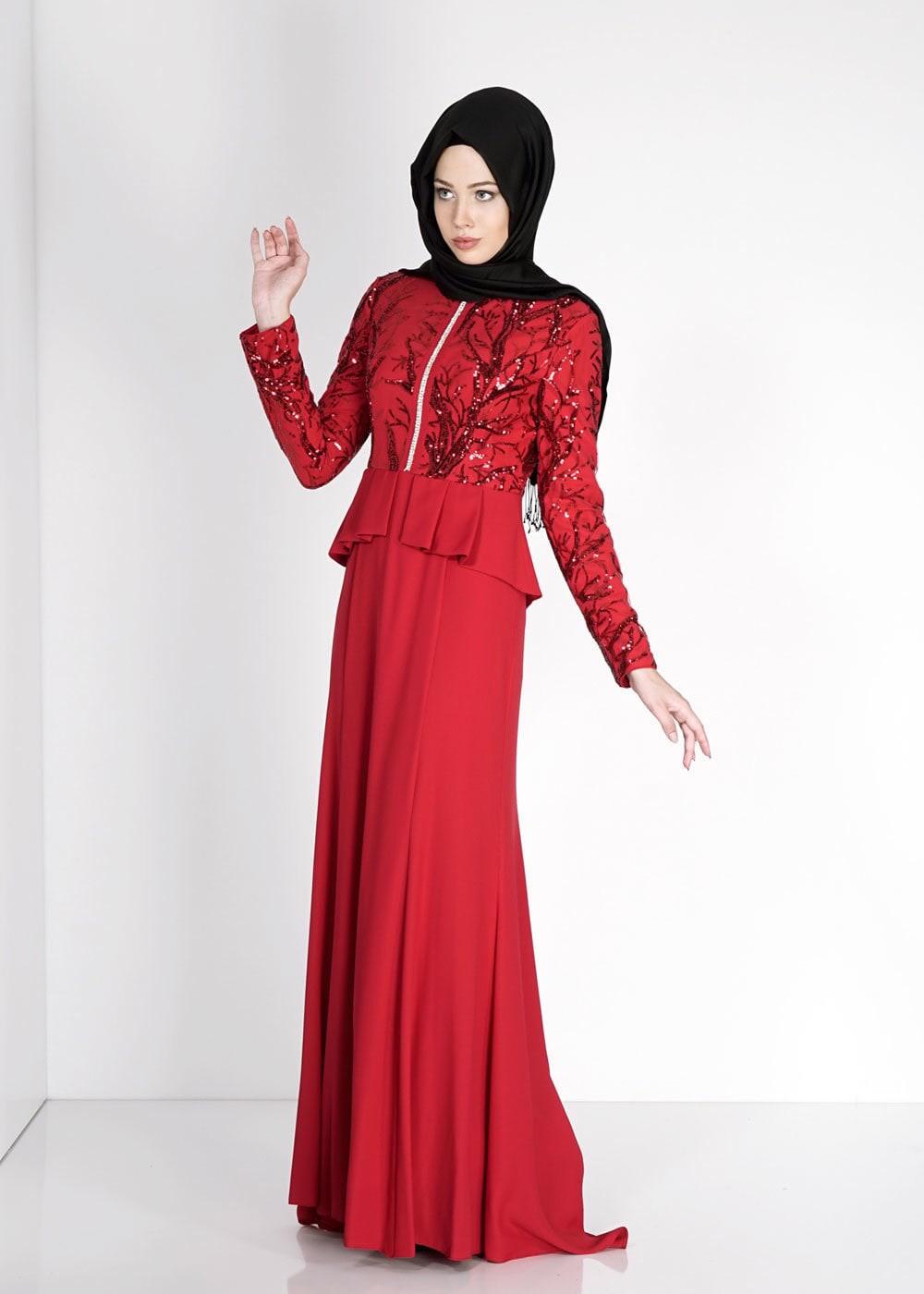 Tesettür giyim KIRMIZI ALVİNA PUL PAYETLİ ABİYE ELBİSE T 5137