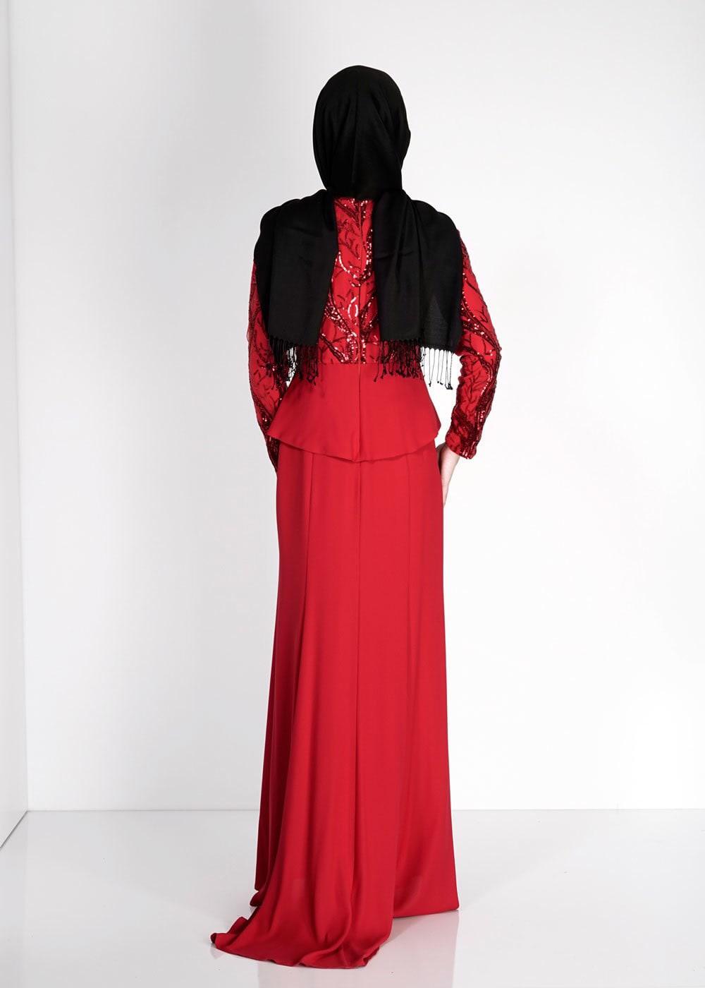 Tesettür giyim KIRMIZI ALVİNA PUL PAYETLİ ABİYE ELBİSE T 5137