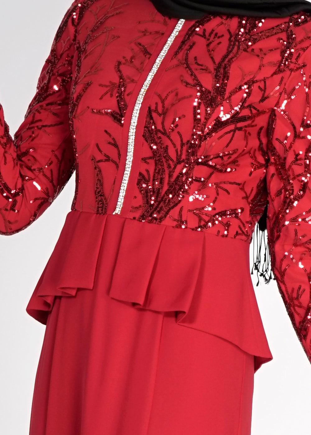 Tesettür giyim KIRMIZI ALVİNA PUL PAYETLİ ABİYE ELBİSE T 5137