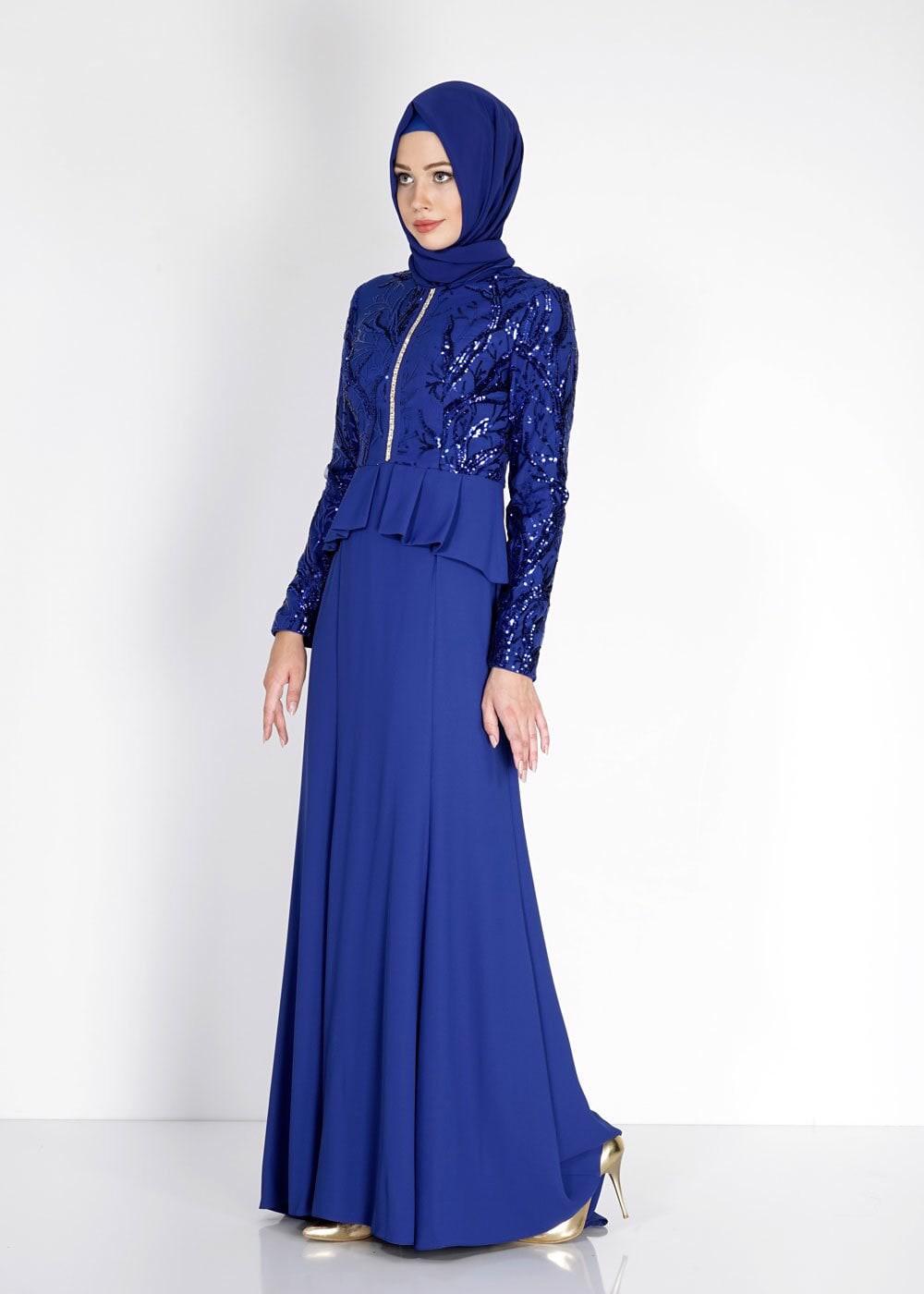 Tesettür giyim LACİVERT ALVİNA PUL PAYETLİ ABİYE ELBİSE T 5137