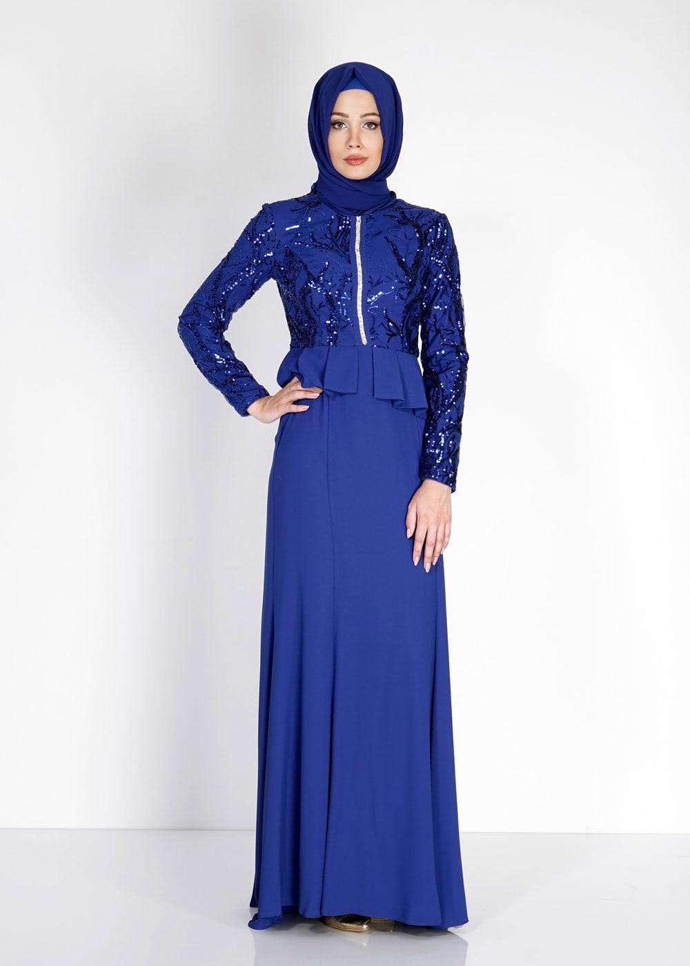 Tesettür giyim LACİVERT ALVİNA PUL PAYETLİ ABİYE ELBİSE T 5137