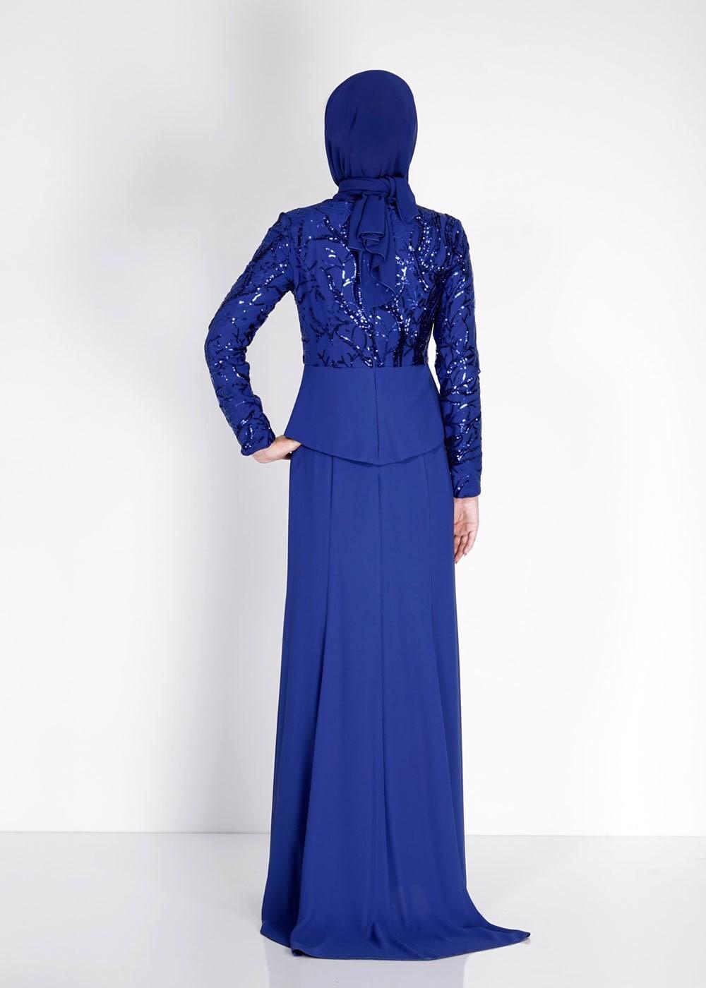 Tesettür giyim LACİVERT ALVİNA PUL PAYETLİ ABİYE ELBİSE T 5137