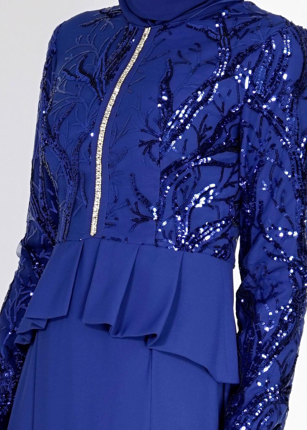 Tesettür giyim LACİVERT ALVİNA PUL PAYETLİ ABİYE ELBİSE T 5137