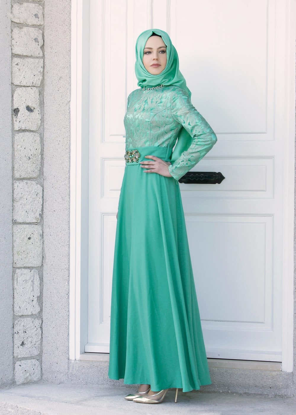 Vêtements hijab VERT T 5009 Foil Tesettür Abiye-Alv Fashion
