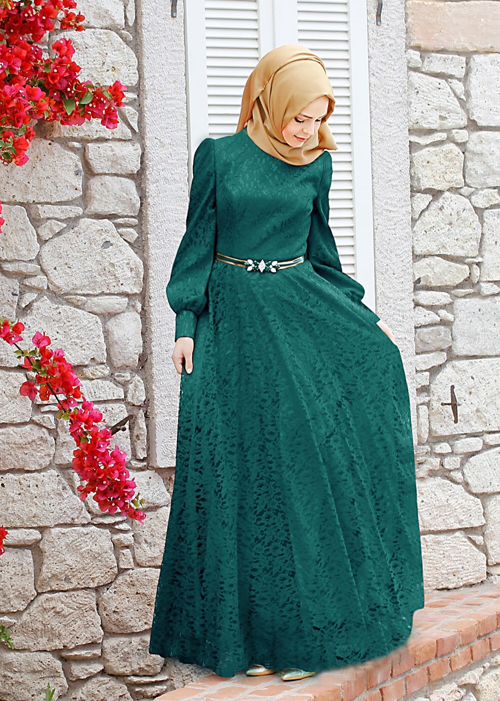 Tesettür giyim YEŞİL T 5010 Anastasia Dantel Tesettür Abiye-Alv Fashion