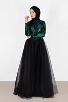 Tesettür giyim YEŞİL ALVİNA İŞLEME DETAYLI ABİYE ELBİSE T 5017