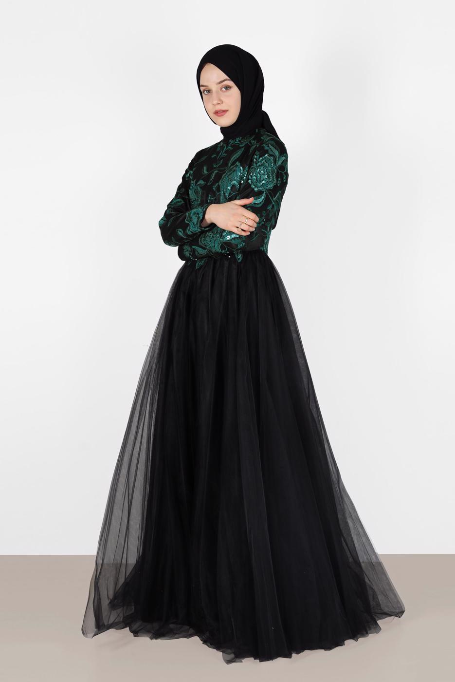 Tesettür giyim YEŞİL ALVİNA İŞLEME DETAYLI ABİYE ELBİSE T 5017