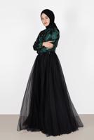 Tesettür giyim YEŞİL ALVİNA İŞLEME DETAYLI ABİYE ELBİSE T 5017