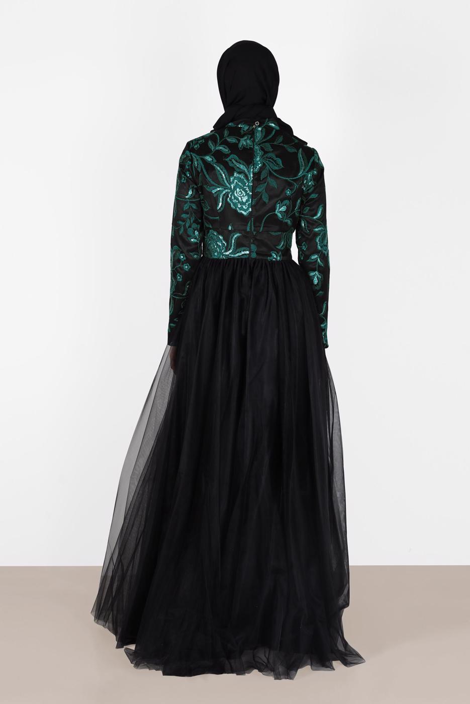 Tesettür giyim YEŞİL ALVİNA İŞLEME DETAYLI ABİYE ELBİSE T 5017