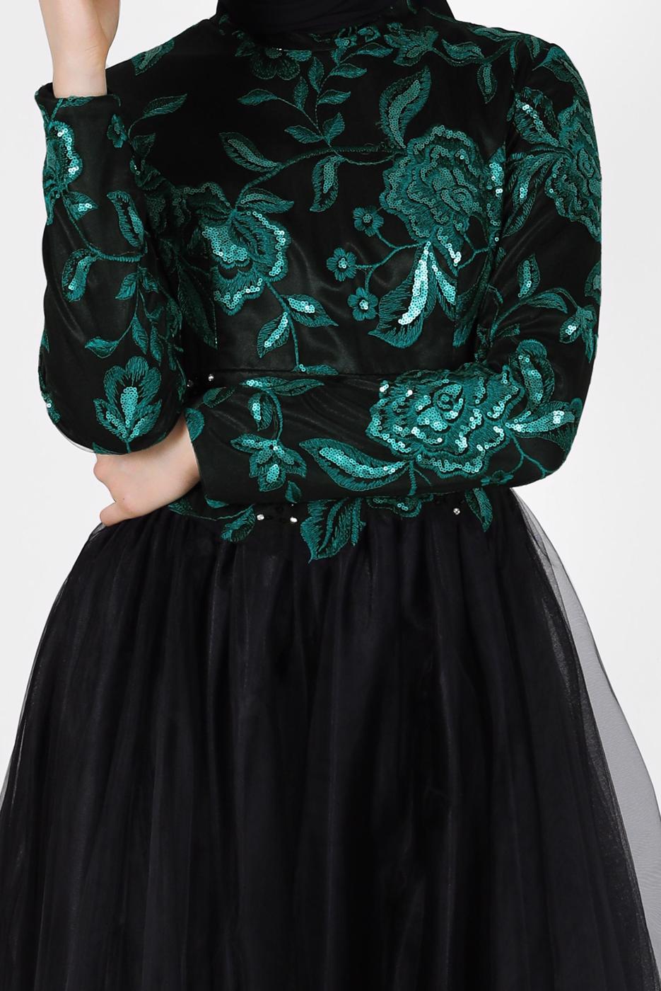 Tesettür giyim YEŞİL ALVİNA İŞLEME DETAYLI ABİYE ELBİSE T 5017