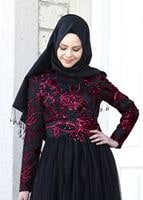 Tesettür giyim BORDO ALVİNA İŞLEME DETAYLI ABİYE ELBİSE T 5017