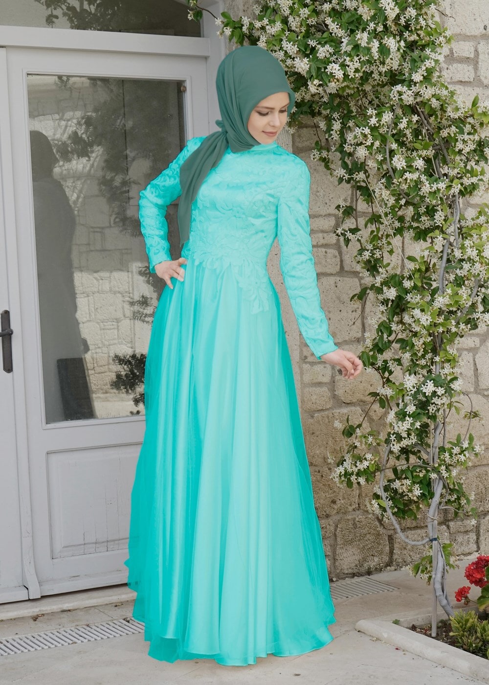 Tesettür giyim YEŞİL HAKİM YAKA ABİYE ELBİSE 5018