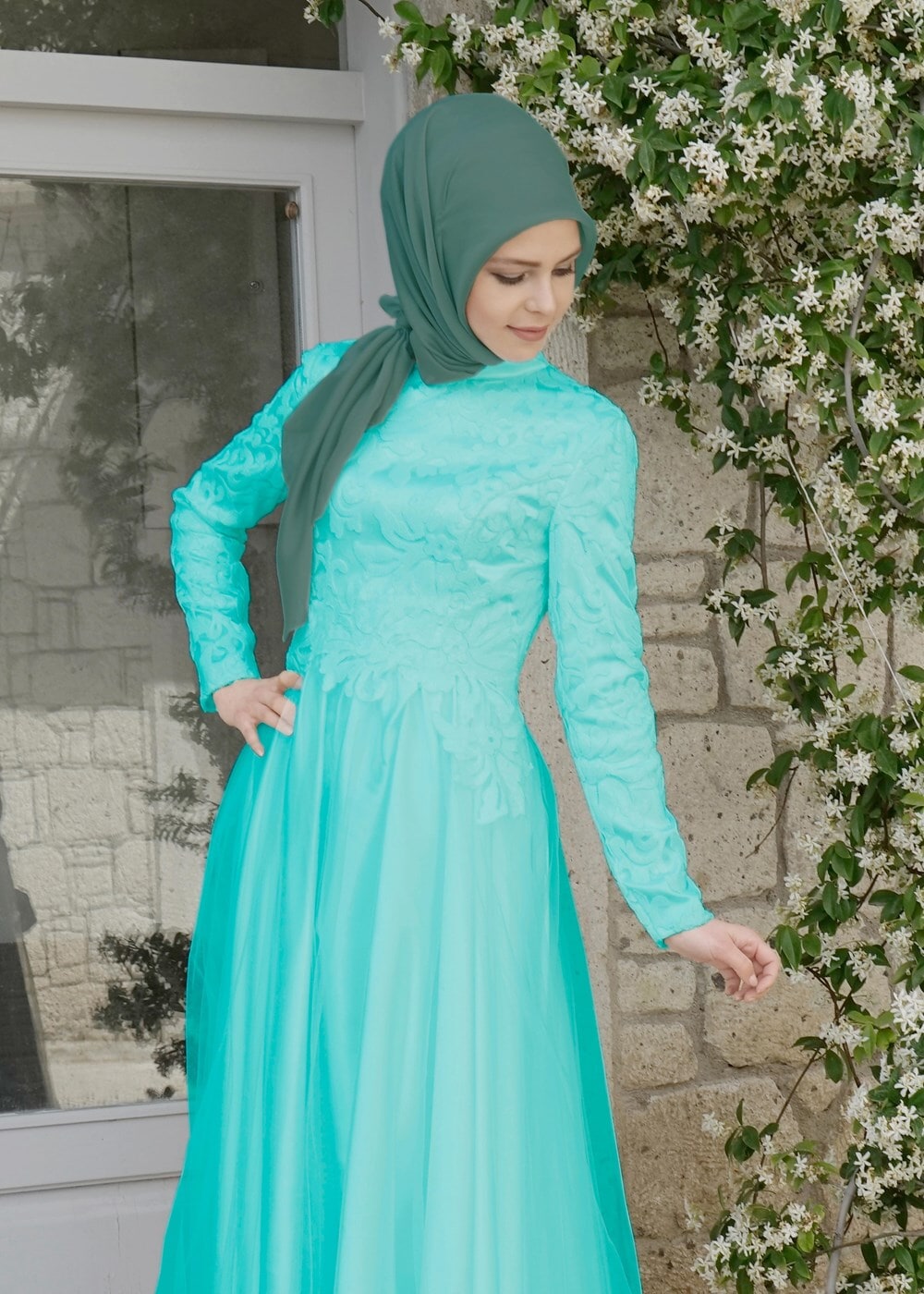 Tesettür giyim YEŞİL HAKİM YAKA ABİYE ELBİSE 5018
