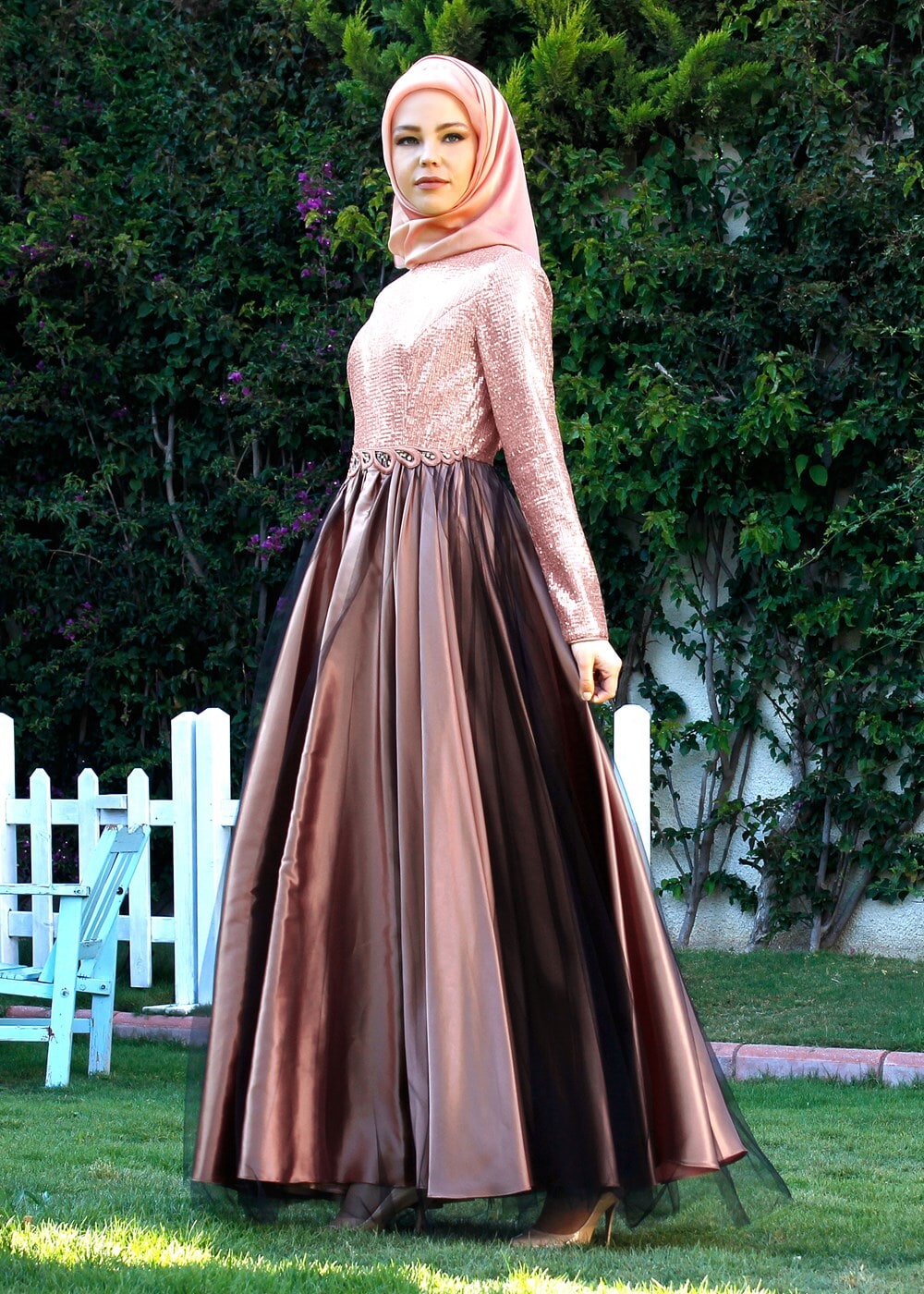 Tesettür giyim PUDRA ÜST KISMI PUL PAYET ABİYE ELBİSE 5019 