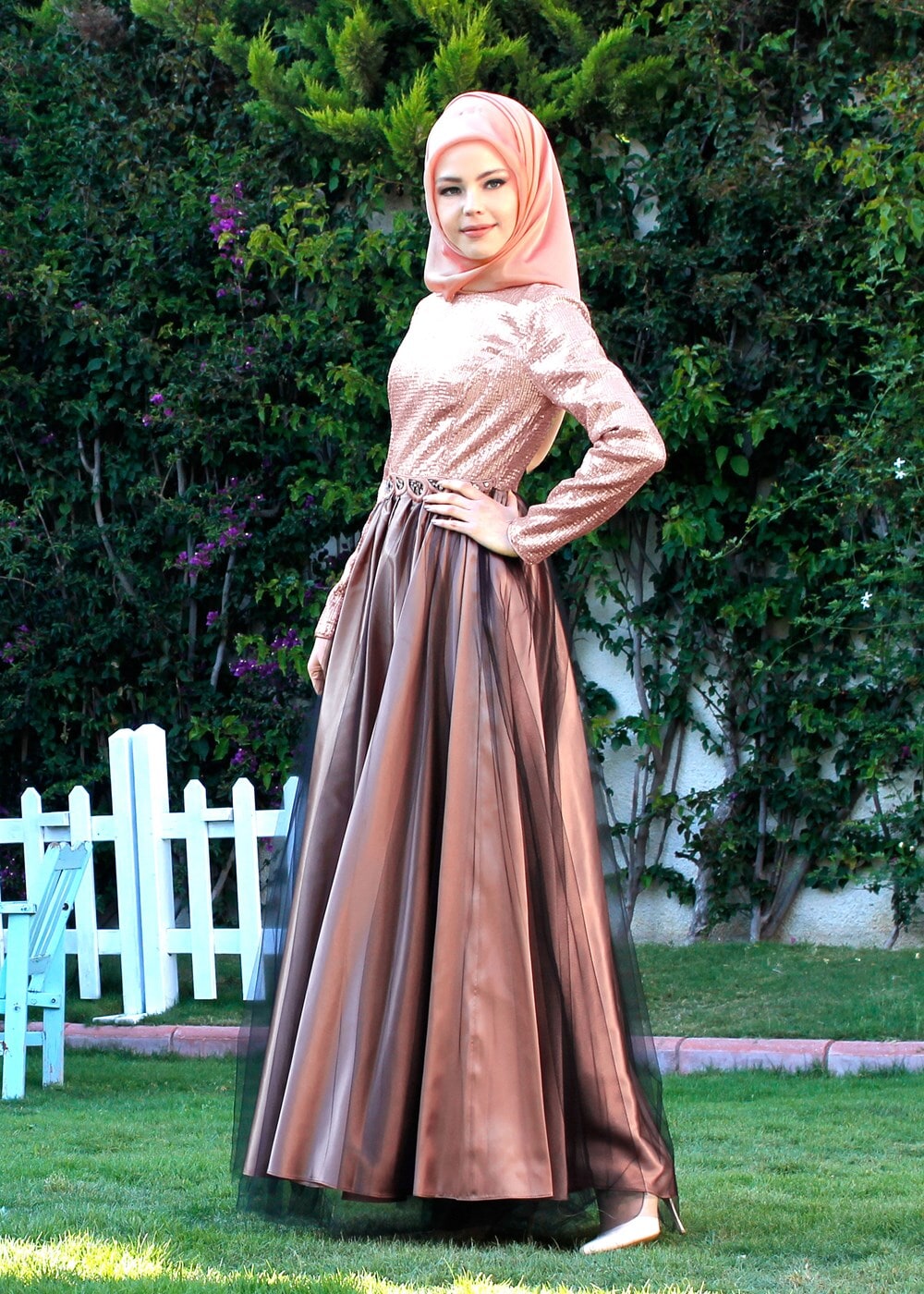 Tesettür giyim PUDRA ÜST KISMI PUL PAYET ABİYE ELBİSE 5019 