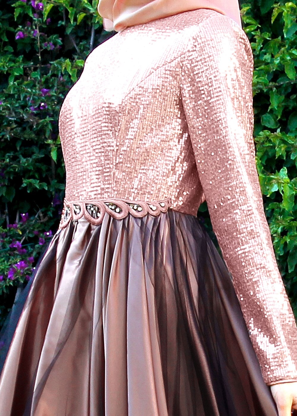 Tesettür giyim PUDRA ÜST KISMI PUL PAYET ABİYE ELBİSE 5019 