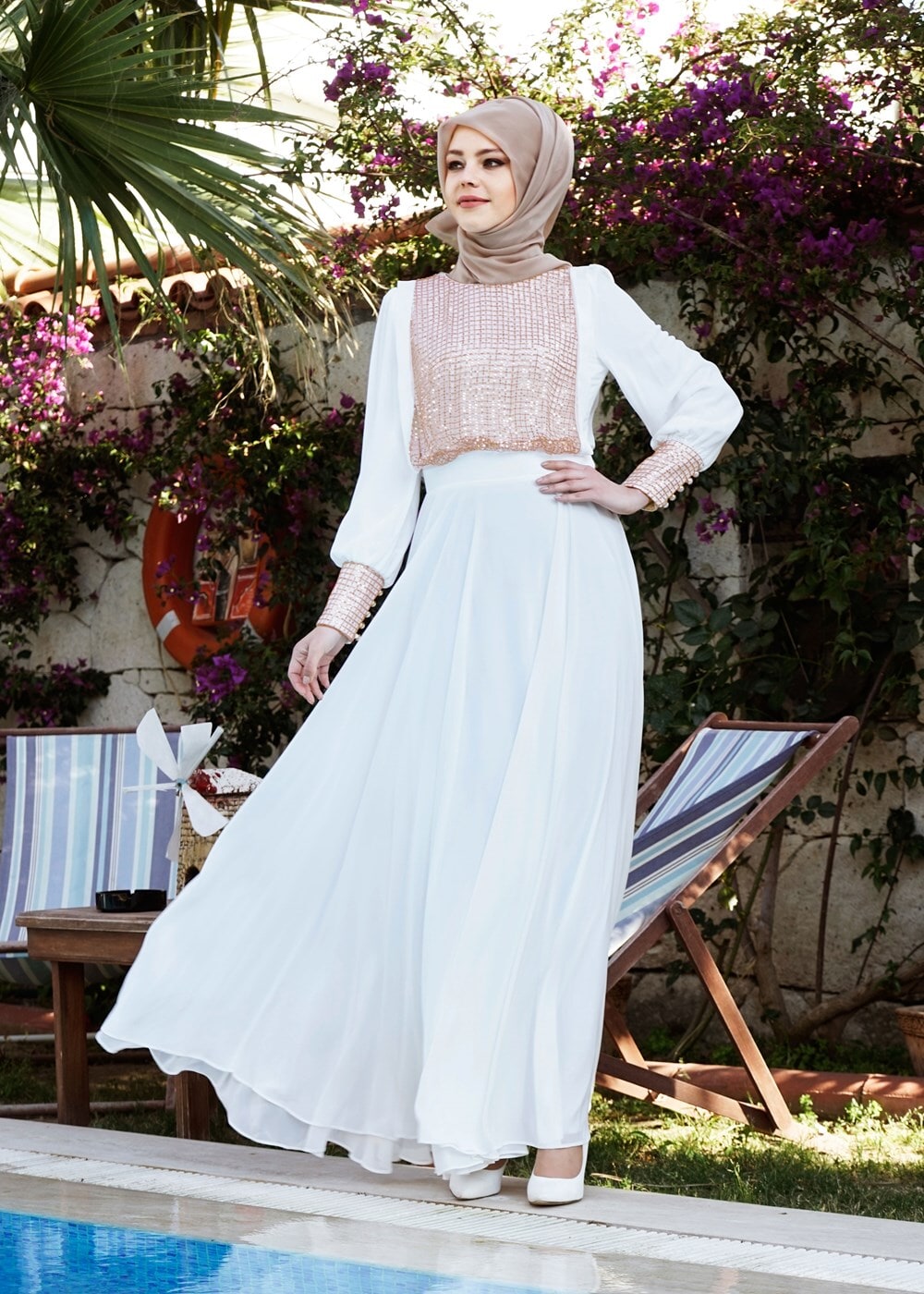 Tesettür giyim EKRU PUL PAYET DETAYLI MULTİ ŞİFON ABİYE ELBİSE  5022