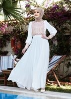 Tesettür giyim EKRU PUL PAYET DETAYLI MULTİ ŞİFON ABİYE ELBİSE  5022