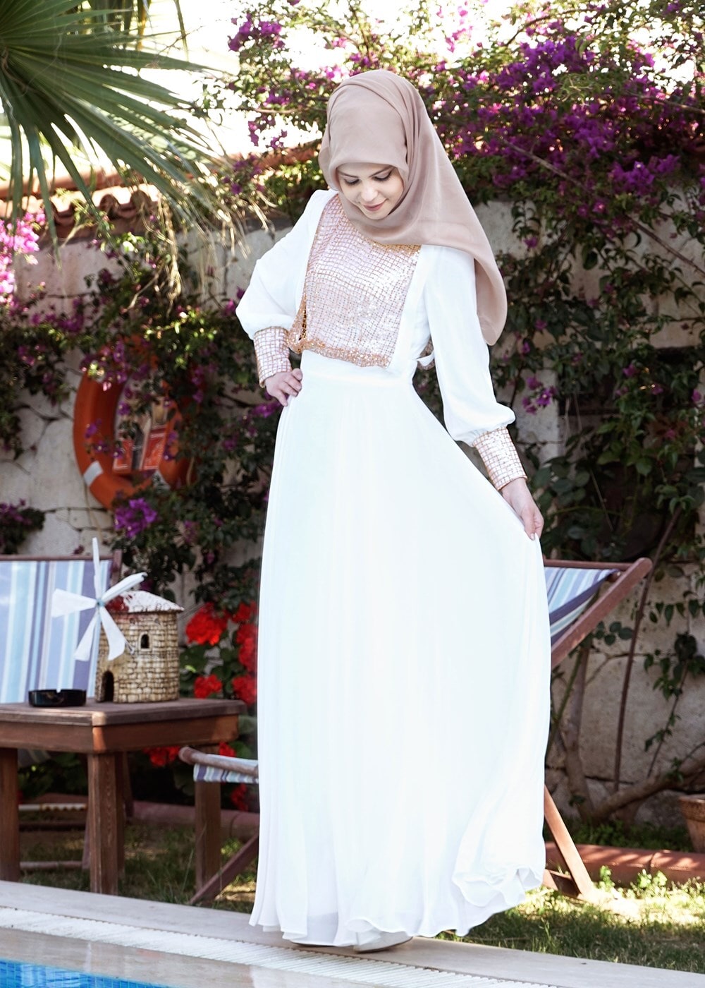 Tesettür giyim EKRU PUL PAYET DETAYLI MULTİ ŞİFON ABİYE ELBİSE  5022