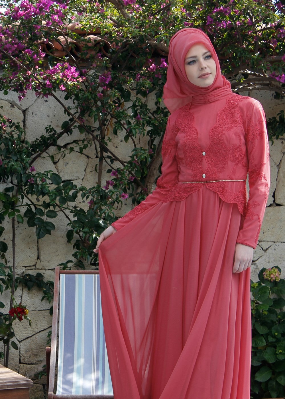 Tesettür giyim MERCAN BRODE KUMAŞ DETAYLI ABİYE ELBİSE  5033