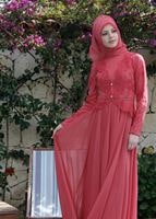 Tesettür giyim MERCAN BRODE KUMAŞ DETAYLI ABİYE ELBİSE  5033