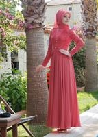 Tesettür giyim MERCAN BRODE KUMAŞ DETAYLI ABİYE ELBİSE  5033