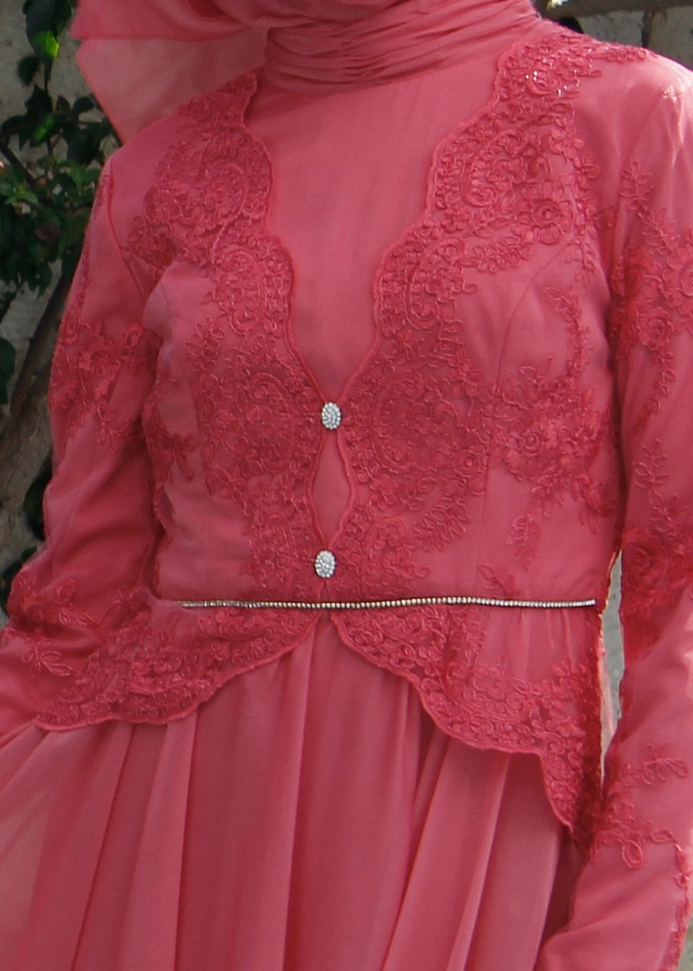 Tesettür giyim MERCAN BRODE KUMAŞ DETAYLI ABİYE ELBİSE  5033