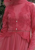 Tesettür giyim MERCAN BRODE KUMAŞ DETAYLI ABİYE ELBİSE  5033