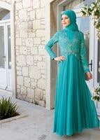 Tesettür giyim YEŞİL BRODE KUMAŞ DETAYLI ABİYE ELBİSE  5033